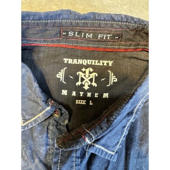 TRANQUILITY AND MAYHEM Men's Large Shirt Blue Pockets Rebels Graphic - Picture 6 of 12